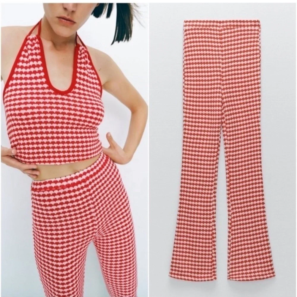 Zara red white knit high waisted flare stretchy pull on pants 70’s hippie retro - Picture 12 of 12